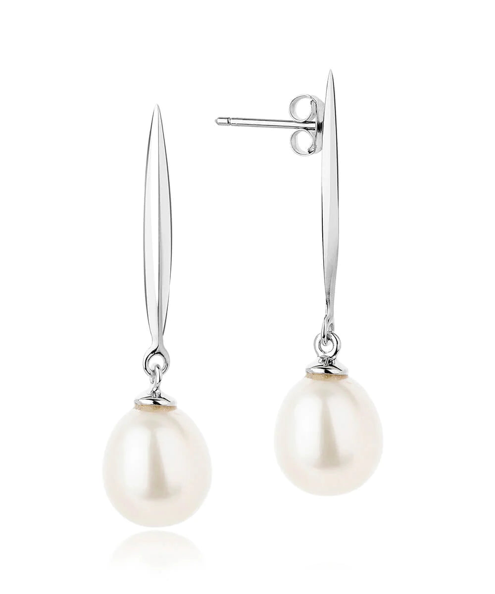 silver teardrop large pearl drop earrings on a shaft of silver with a post and butterfly fastening