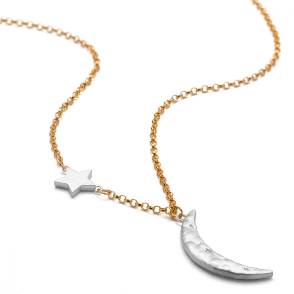 Moon and star charm necklace on a gold belcher chain