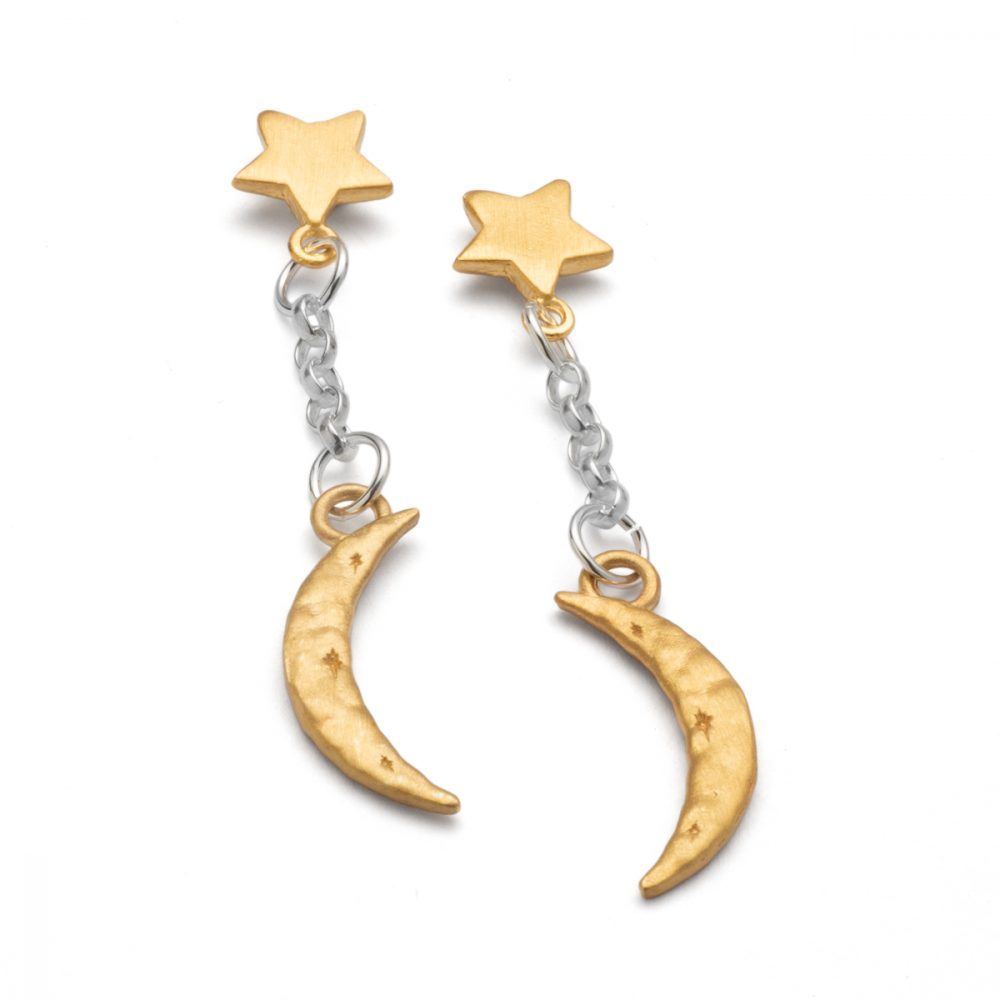 Star earring studs with a moon dangling off a chain