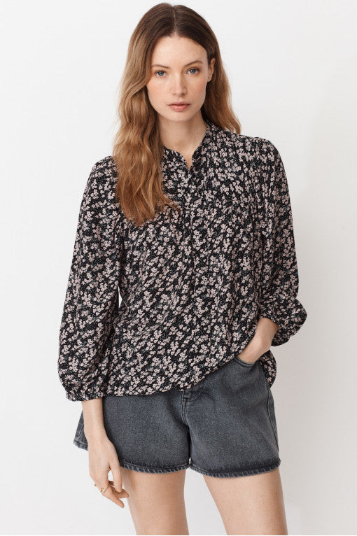 Floral button through collarless blouse in sustainable viscose