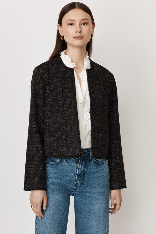 Black boxy smart cropped jacket with four patch pockets and hook and eye fastening to the neck with long sleeves and edge lace trim details.