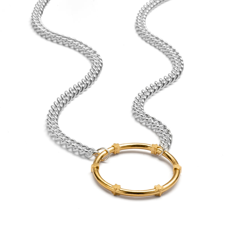Sterling silver and gold plated necklace with a circular charm