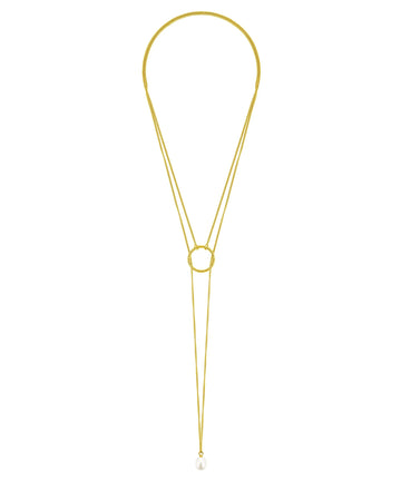 Gold plated sterling silver lariat necklace with pearl pendant