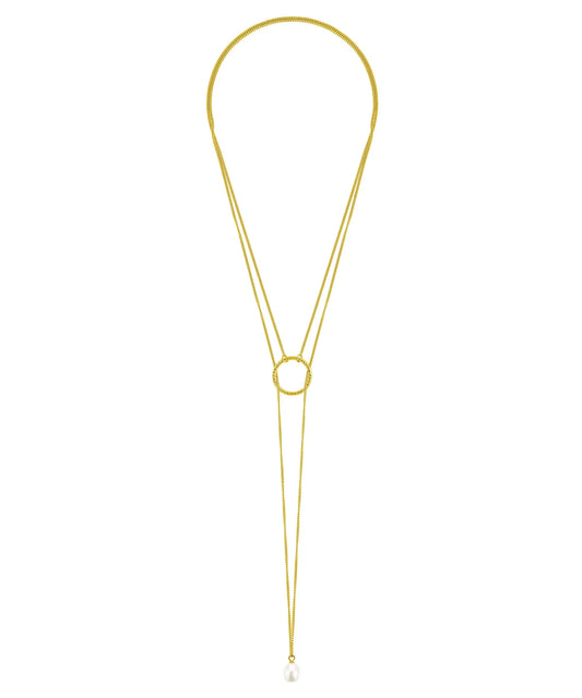 Gold plated sterling silver lariat necklace with pearl pendant