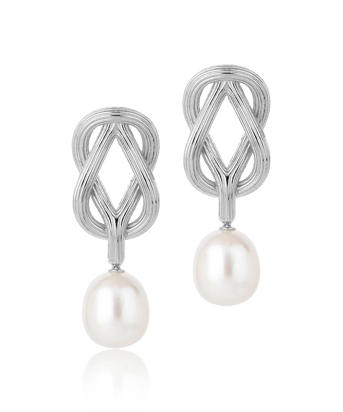 Twisted knot sterling silver stud earrings with single pearl drop