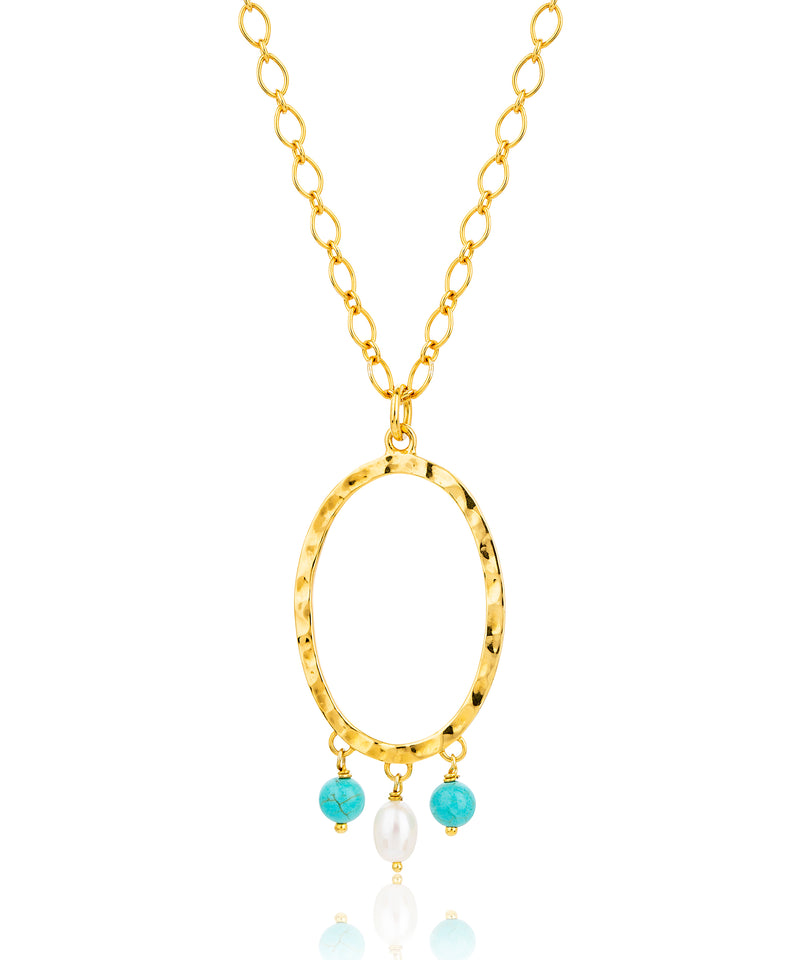 Gold plated necklace with an oval charm and turquoise and pearl details