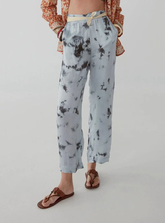 Tie dye light blue and grey satin like wide leg trousers