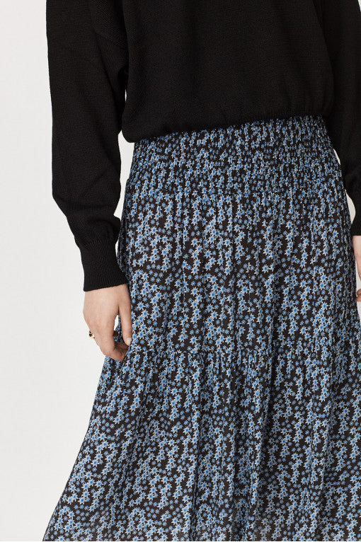 Mayla vegan Leia midi skirt black with blue and white small star print with shirred waistline