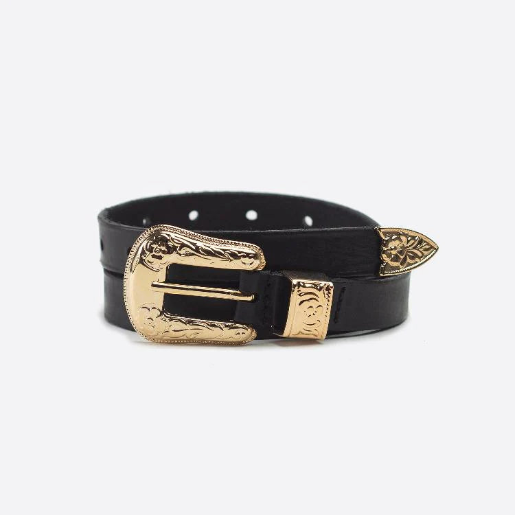 Black belt with gold coloured western inspired belt