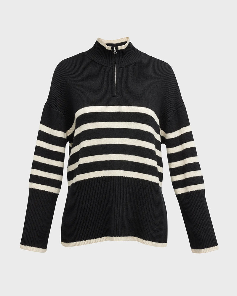 Black chunky jumper with white horizontal stripe turtleneck and quarter zip ribbed cuffs and hem