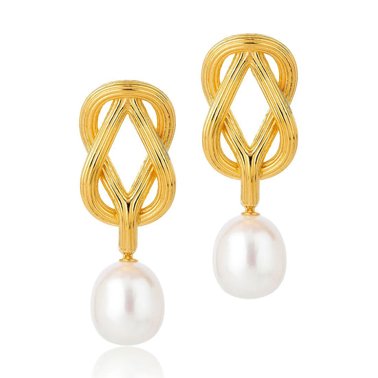 Twisted gold plated tubed earrings with post and butterfly fastening and single pearl drop