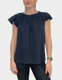 Navy linen top with flutter sleeves and elasticated round collar