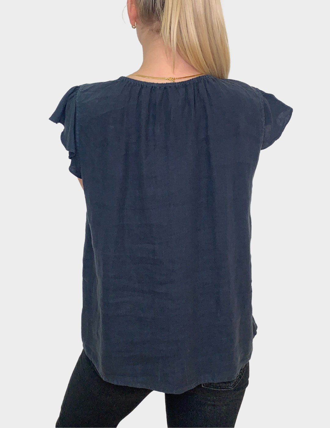 Navy linen top with flutter sleeves and elasticated round collar