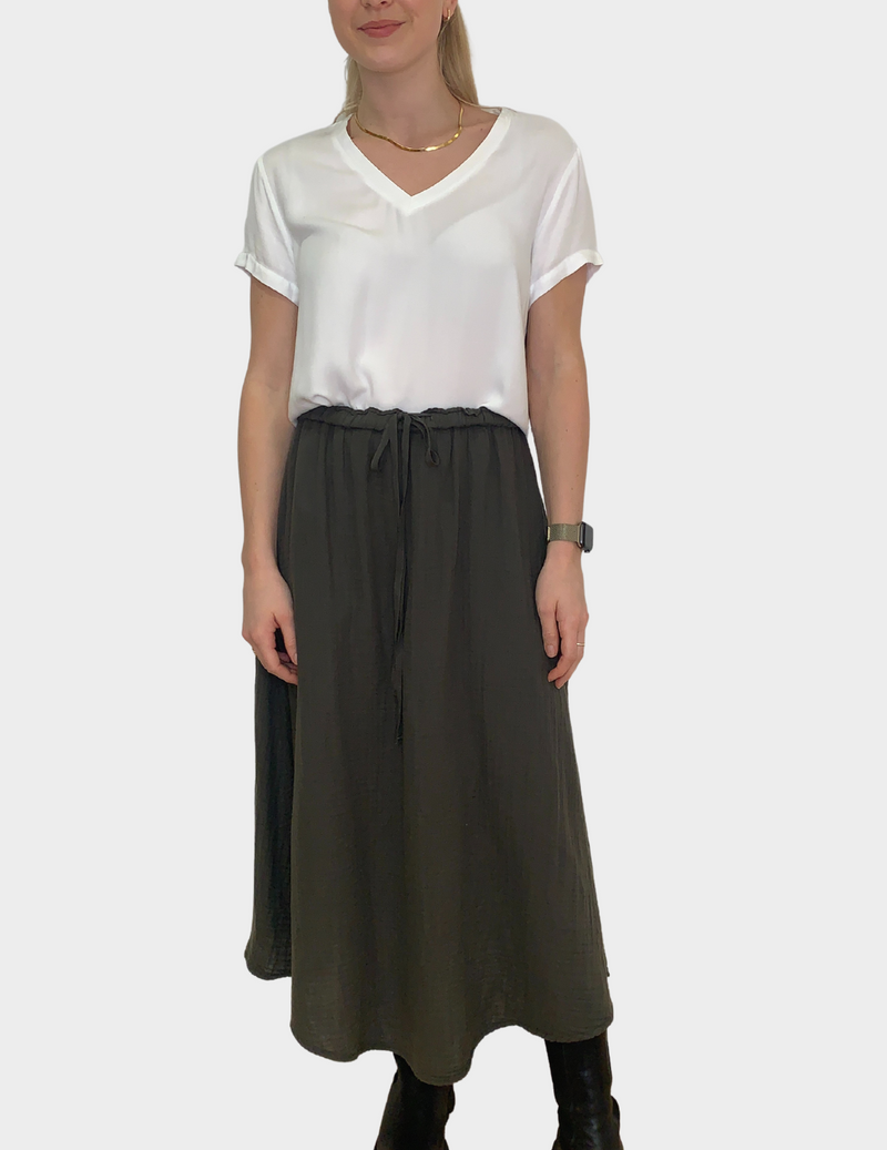Khaki coloured pull on maxi skirt with drawstring waistband