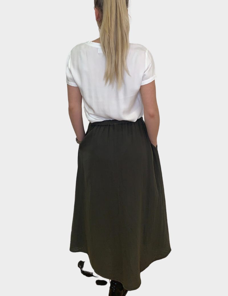 Khaki coloured pull on maxi skirt with drawstring waistband