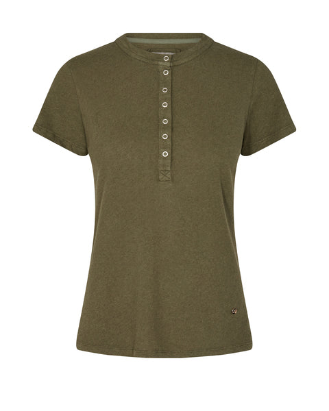 Khaki short sleeved tshirt with silver popper half placket fastening