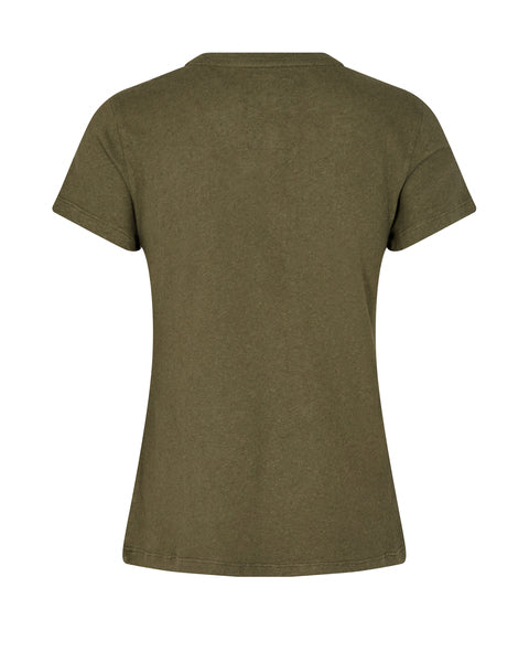 Khaki short sleeved tshirt with silver popper half placket fastening