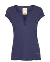 Navy short sleeve tee with V neck and raw edges