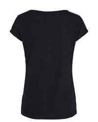 Short sleeved black tee with V neck lined and raw edges
