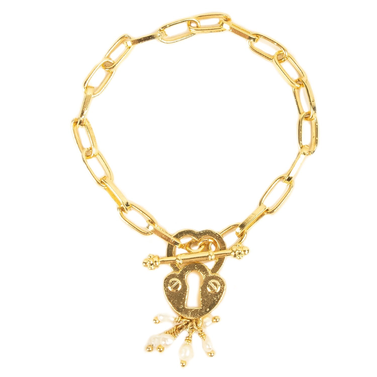 Gold bracelet with lock charm and pearl details