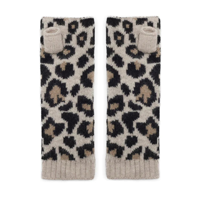 Light taupe leopard print cashmere wrist warmers
