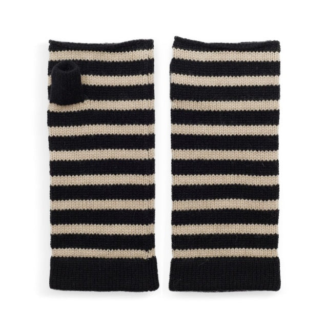Breton striped cashmere wrist warmers in black and camel