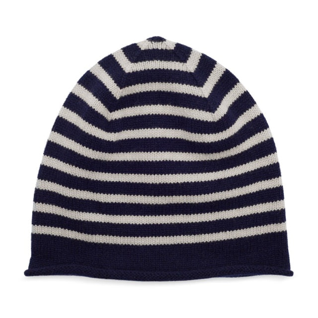 Navy and white striped beanie cashmere hat with rolled hem