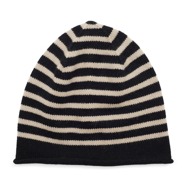 Black and camel striped beanie hat in cashmere with rolled hem