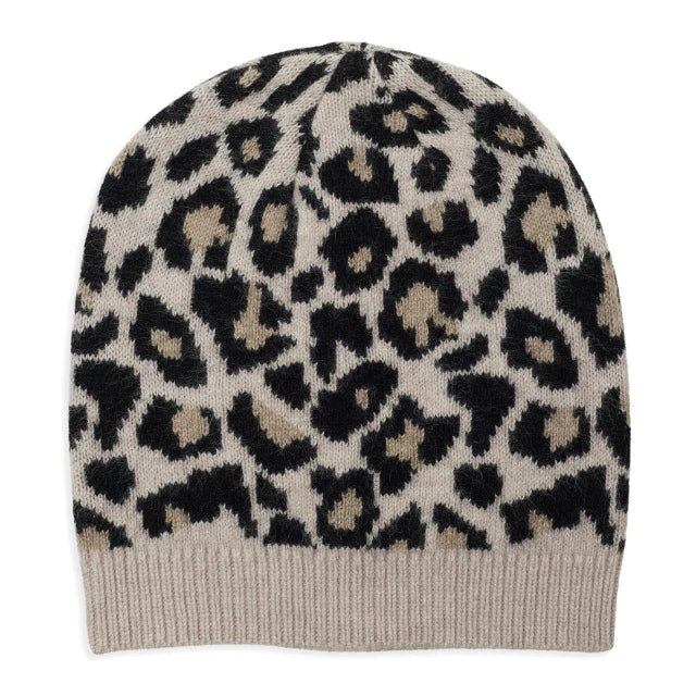 Leopard print cashmere beanie in taupe with ribbed hem in black and taupe leopard design