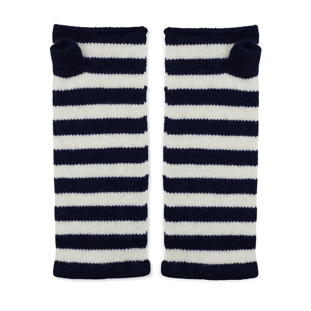 Navy and white striped cashmere wrist warmers