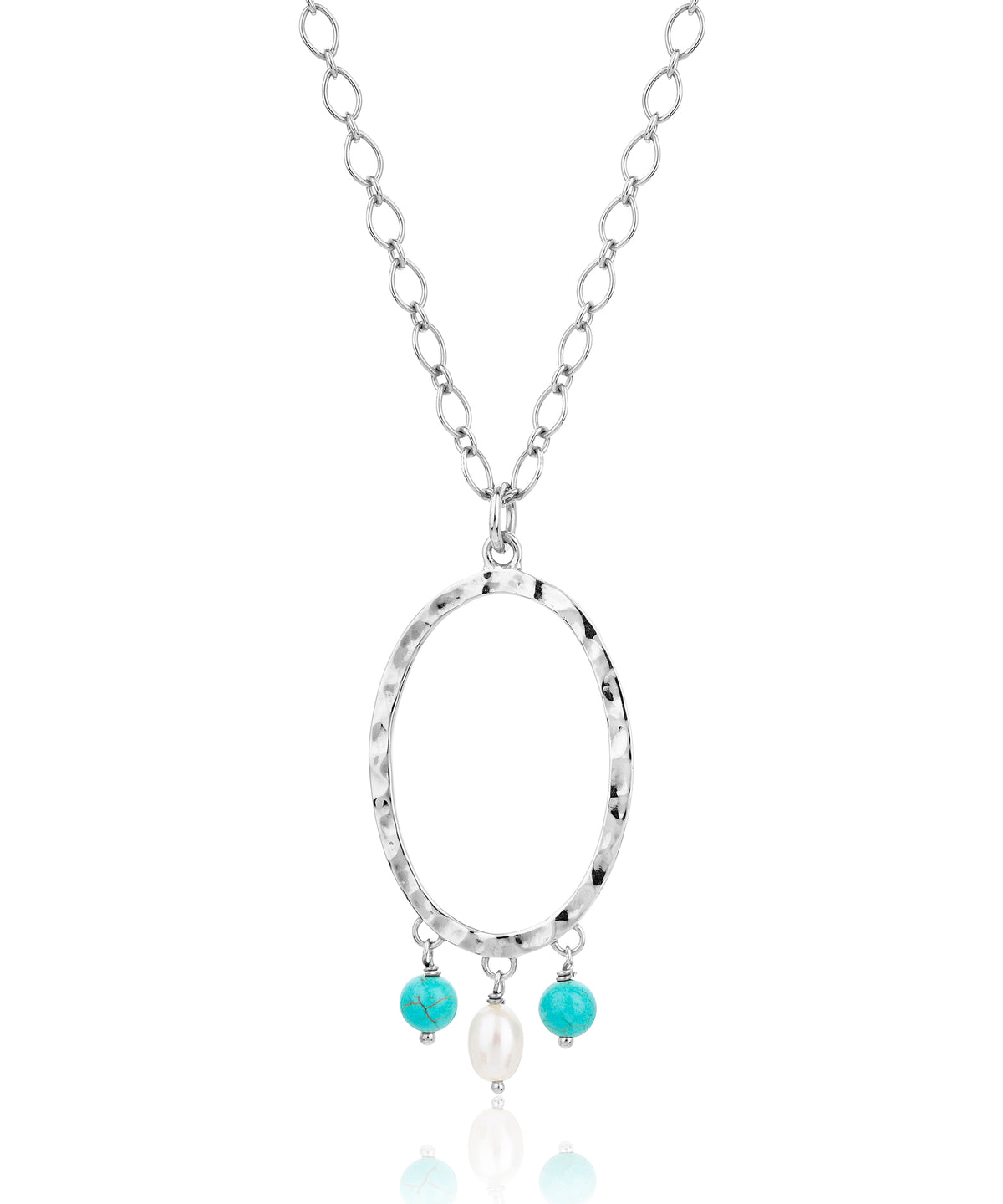Silver oval pendant necklace with pearl and turquoise charm details