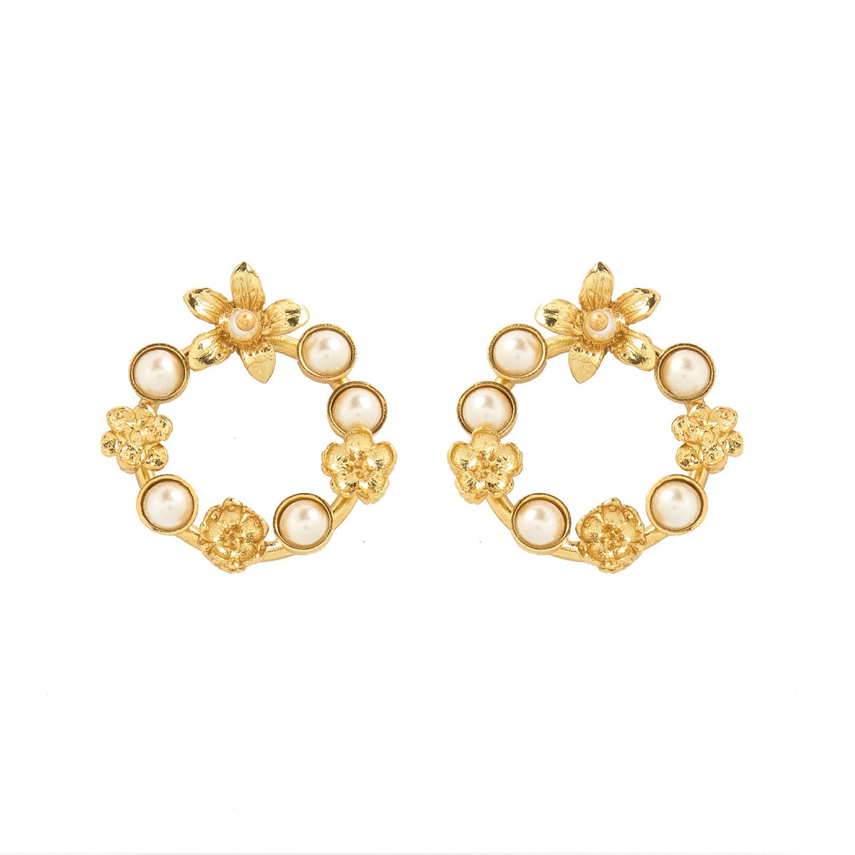 pearl and gold floral design hoop earrings