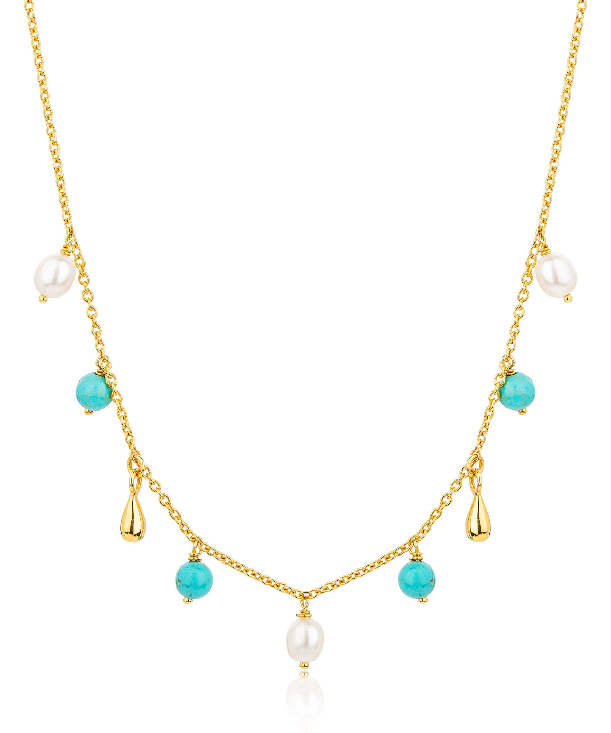 Gold chain choker necklace with pearl, gold and turquoise charms